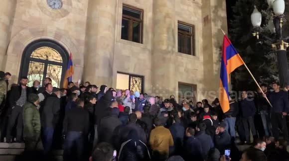 Protesters speak against nagorno-Karabakh peace deal outside Yerevan parliament