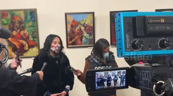 Armenian opposition MP Naira Zohrabyan addresses the press at parliament after night of protests