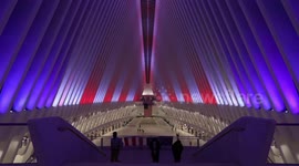 World Trade Center Oculus illuminated in American flag colors for Veterans Day