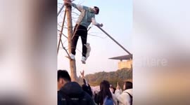 Stray cat clings onto boy's leg after being rescued from tree in China