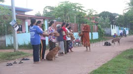 A snapshot of early morning life in a rural community in Thailand, these locals are waiting to give freshly cooked rice to Buddhist monks.