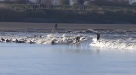 Surfers ride Severn Bore on Saturday