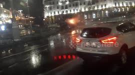 A car is on fire near the Victory monument in Minsk, Belarus
