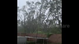 Trampoline gets blown away by strong winds during Hurricane Zeta