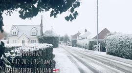 Snow blankets roads and houses in Cambridgeshire, UK