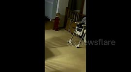 One of the first nights in our new house. I checked him against the gaps between the railing spindles, but this is how I found out that first one was a little bit bigger than the rest...