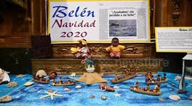 Nativity Scene denouncing the migration crisis in the Canary Islands, in San Anton Church, Madrid, Spain.