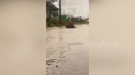 Happy Pensioner Rows In Bowl During Thailand Floods
