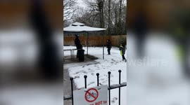 Watch the moment a dad tried shower his kids in snow from the top of a gazebo, but the prank backfires when it collapses on top of him!