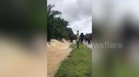 Teenagers leap into swollen river during floods in Malaysia