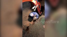 Heartwarming footage shows the moment a deaf dog was rescued from a rabbit hole after getting stuck for 30 hours