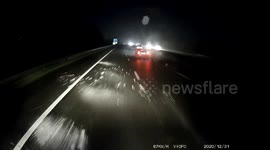 HGV truck struck by ice chunks flying off passing vehicle