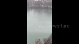 Texas man paddle boards in snowy Austin lake