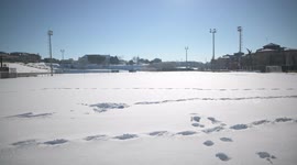 Rayo Majadahonda asks his supporter for help, hands and shovels to remove the snow from the football field in Madrid 13rd January, 2021.