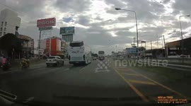 Bus knocks off motorcycle rider and careers across road