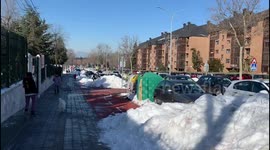Families clean the snow from access to schools in Madrid 17th January, 2021.