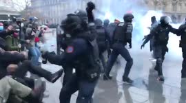 French police commissioner filmed repeatedly beating protester with baton at security bill demo in Paris