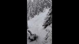US hikers hide behind trees while filming incoming avalanche
