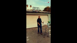 Basketball shot while balancing a cymbal and doing a devil stick