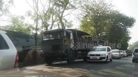 Myanmar junta troops are patrolling around the Yangon downtown