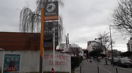 Graffiti against Total in Paris suburb town of Villejuif.(french play on word with Totalement degeu=Totally disgusting) 19feb2021