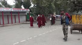 Kind buddhist woman feeds street dogs every day in Bodh Gaya, India