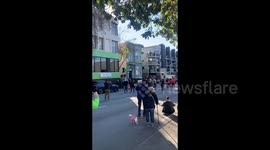 Victorian house moves through the streets of San Francisco, US
