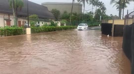 Flooded Polynesian Cultural Center and Brigham Young University Parking Lot after Flash Flood on Oahu Hawaii