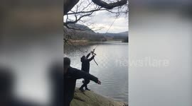 A family were in hysterics after their dad fell from a tree branch into a lake - forcing him to drive home in his underwear