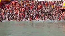 Naga sadhus of  Akhara take part in a Peshvai procession at Kumbh Mela 2021