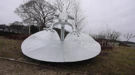 Motorists in stitches after a giant sculpture of a frog leaping over a lily pad is installed on a roundabout - with a VERY rude design flaw