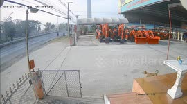 Delivery truck flips over spilling several coconuts on the road