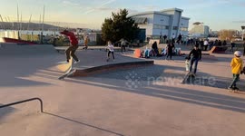 Scooter kid face plants off of a ledge after I trick a skate trick off it