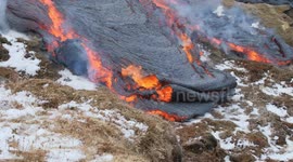 Listen to the satisfying crackling sound snow-covered foliage makes when engulfed by lava in Iceland