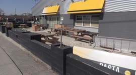 Empty and closed restaurant patio in Ontario Canada shows the economic devastation of the never ending lockdowns and COVID 19 pandemic restrictions