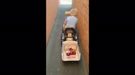 Toddler drives his toy tractor and trailer to the local shop
