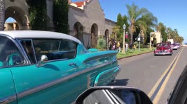 A parade of classic cars in San Diego, California