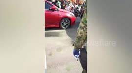 Huge python rescued after getting tangled in car wheel