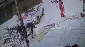 Tyre explodes while mechanic pumps it up at repair shop in Thailand