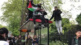 Free Palestine protesters on top of a London bus stop during a March For Palestine protest