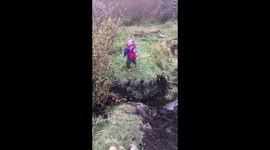 'Oh no!' Five-year-old attempts to jump over a creek bed and completely fails