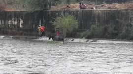 Horse finally rescued after spending whole night stuck in overflowing river