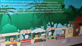 Colorful mural in tunnel depicting history of Singapore. See how the early life of people in this city-state
