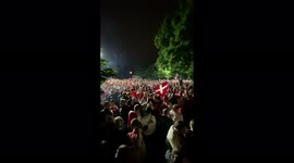 Danish fans celebrates win against Russia outside Parken Stadium. 