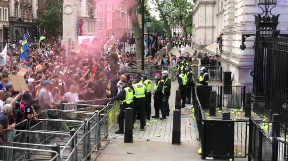 Bottles, tennis balls thrown at police by anti-lockdown protesters outside Downing Street