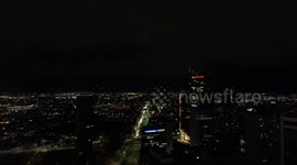The Colpatria Tower in Bogota, Colombia is illuminated with the colors of the rainbow, to celebrate Pride Day