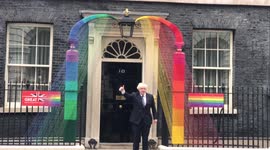 UK Prime Minister Boris Johnson matks Global Pride with thumbs up and wave at 10 Downing Street