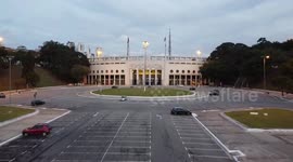 Aerial view of the demolition of the toboggan Pacaembu Stadium in Sao Paulo, Brazil