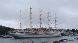 World's tallest cruise ship, The SV Golden Horizon, arrives in Fowey, Cornwall, UK