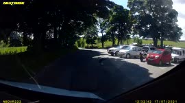 Motorcyclist overcooks a corner near the Strines Inn, Mortimer Road, near miss